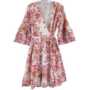 Calvin Klein White/Red Floral Bell Sleeve Wrap Dress Cotton Women’s 4 Preowned